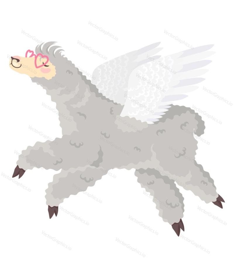 Funny lama with angel wings wearing cute heart glasses flat vector icon. Cartoon llama alpaca animal isolated on white background