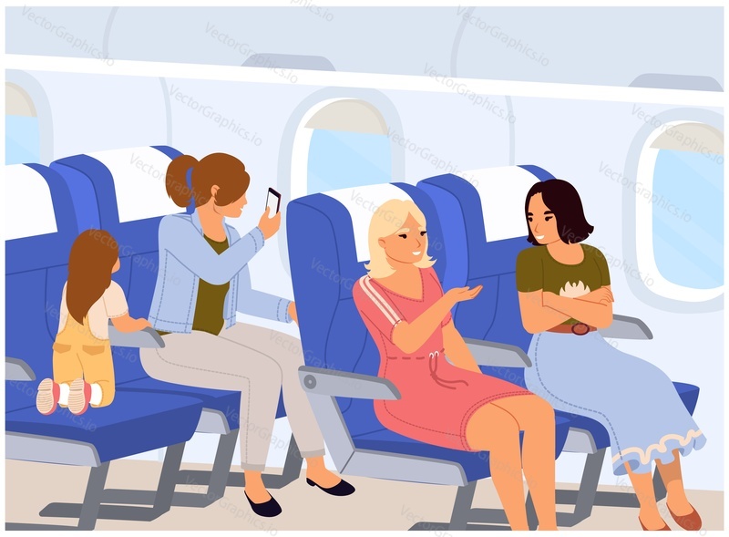 Happy people passengers inside airplane vector illustration. Woman friends talking, yong mother and daughter taking photo on mobile camera cartoon. Aircraft travel concept