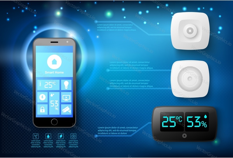 Smart sensors at home controlled by mobile phone advertising vector banner or poster with realistic design. Temperature, thermostat, fire alarm, security sensor remote surveillance on smartphone