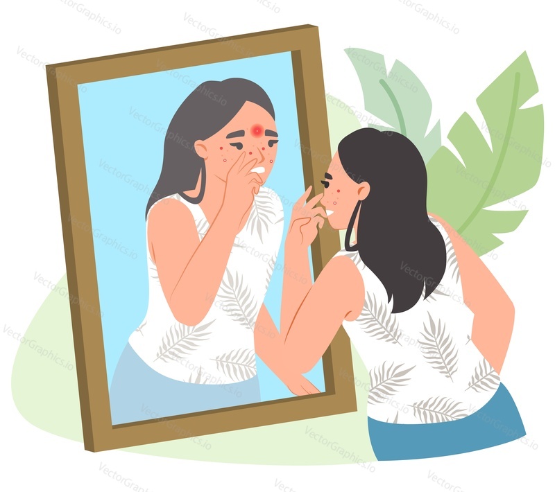 Girl with acne skin problem vector illustration. Worried sad young woman looking at mirror on red spot or rash on face. Skincare and dermatology concept