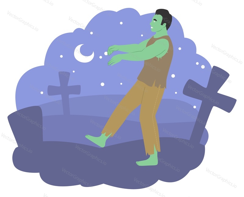 Creepy cartoon zombie walking on graveyard vector illustration. Background with scary landscape and slowly moving spooky monster. Halloween concept