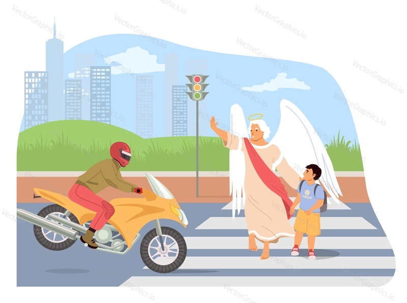 Angel keeper saving life of little boy child crossing road on crosswalk vector illustration. Celestial guardian protecting kid from motorcycle riding at high speed