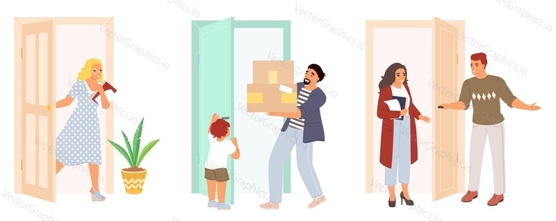 Vector people come in and out of doors scene set. Child opening doorway for father, man meeting realtor or social worker, businesswoman coming home illustration isolated on white background
