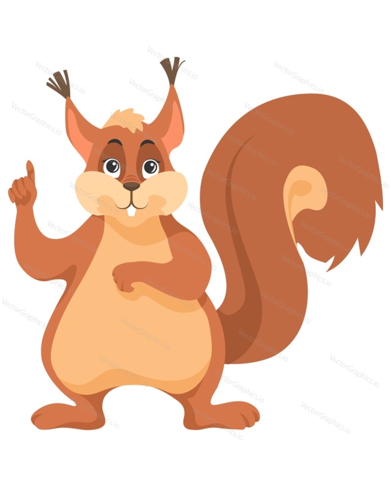 Cute squirrel emoticon vector. Flat forest animal illustration isolated on white background. Funny rodent pointing finger up and presenting something