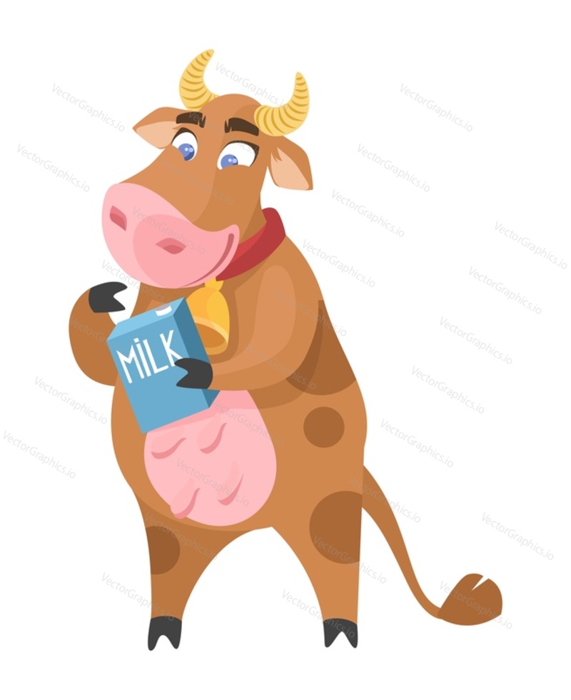 Симпатичный мультяшный персонаж корова держит векторную иконку упаковки из картонной коробки для молока. Забавное сельскохозяйственное животное, рекламирующее свежий продукт. Концепция молочной промышленности и сельского хозяйства