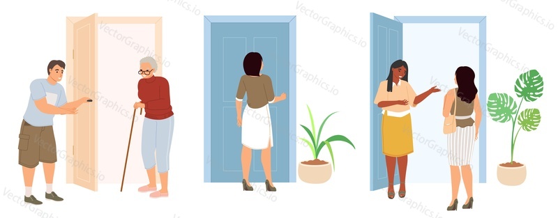 Мультяшные люди, открывающие двери, входящие, выходящие из набора векторных сцен. мужчина и женщина разного возраста на иллюстрации дверных проемов и подъездов. Персонажи проходят через входы в дома и офисы