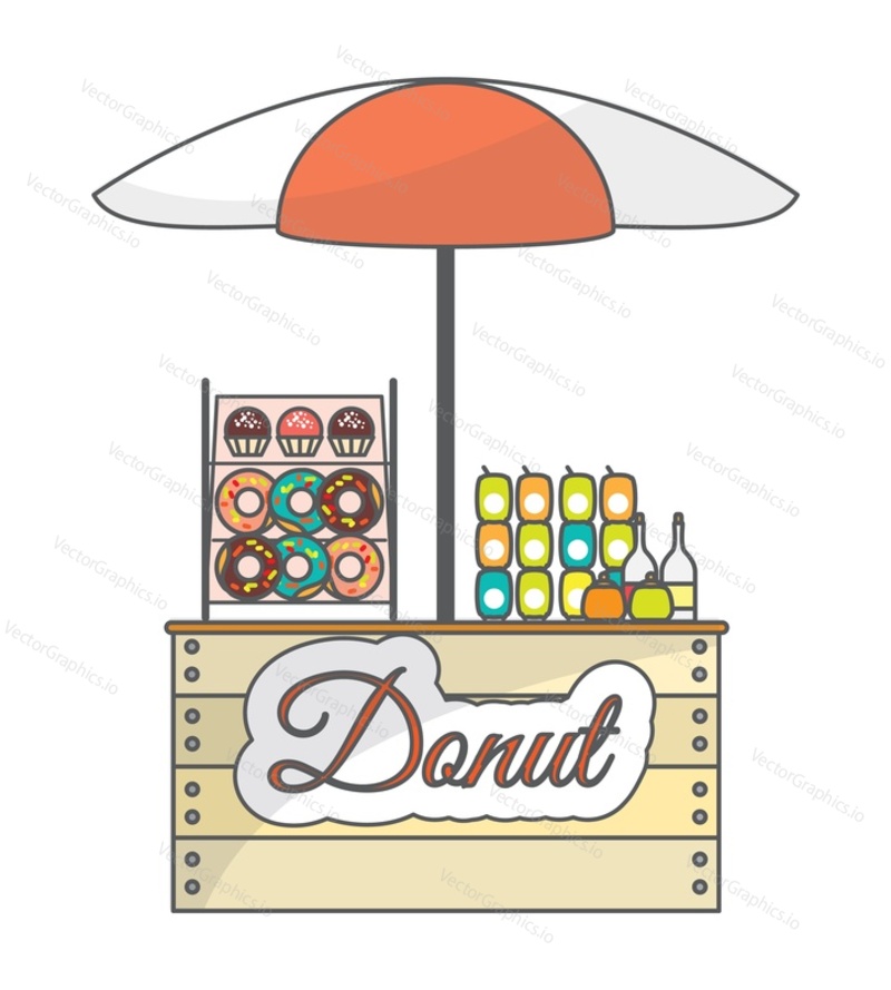 Векторный уличный рынок с иллюстрацией ассортимента закусок с пончиками и сладких напитков. Местный магазин быстрого питания, предлагающий лимонад, соки и десерты навынос. Концепция малого бизнеса