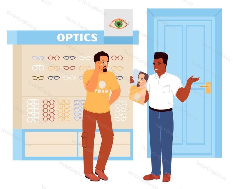 Продавщица помогает мужчине-покупателю выбрать модные очки для зрения в векторной иллюстрации магазина оптометрии. Посетитель мужского пола смотрит в зеркало, примеряя модный аксессуар для зрения