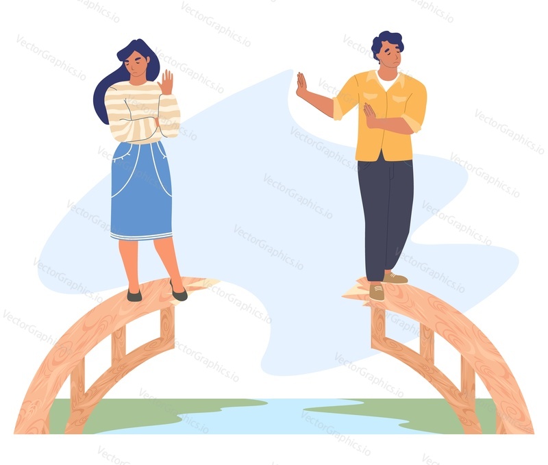 Вектор ссоры пары. Иллюстрация конфликтов между мужем и женой. Мужчина и женщина, стоящие на разрушенном мосту. Концепция развода, разногласий, проблем в отношениях и непонимания в семье