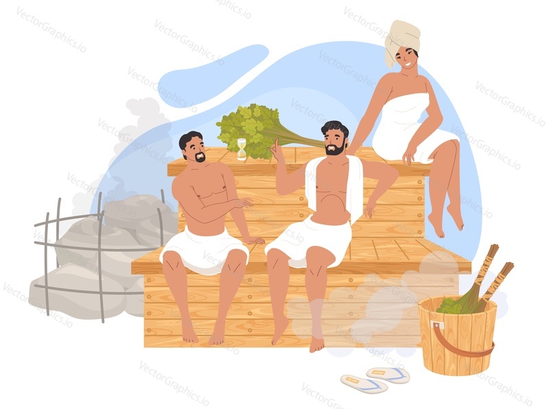 Happy people male and female characters in steaming room vector illustration. Man and woman enjoying spa resort service, hot sauna or bathhouse therapy