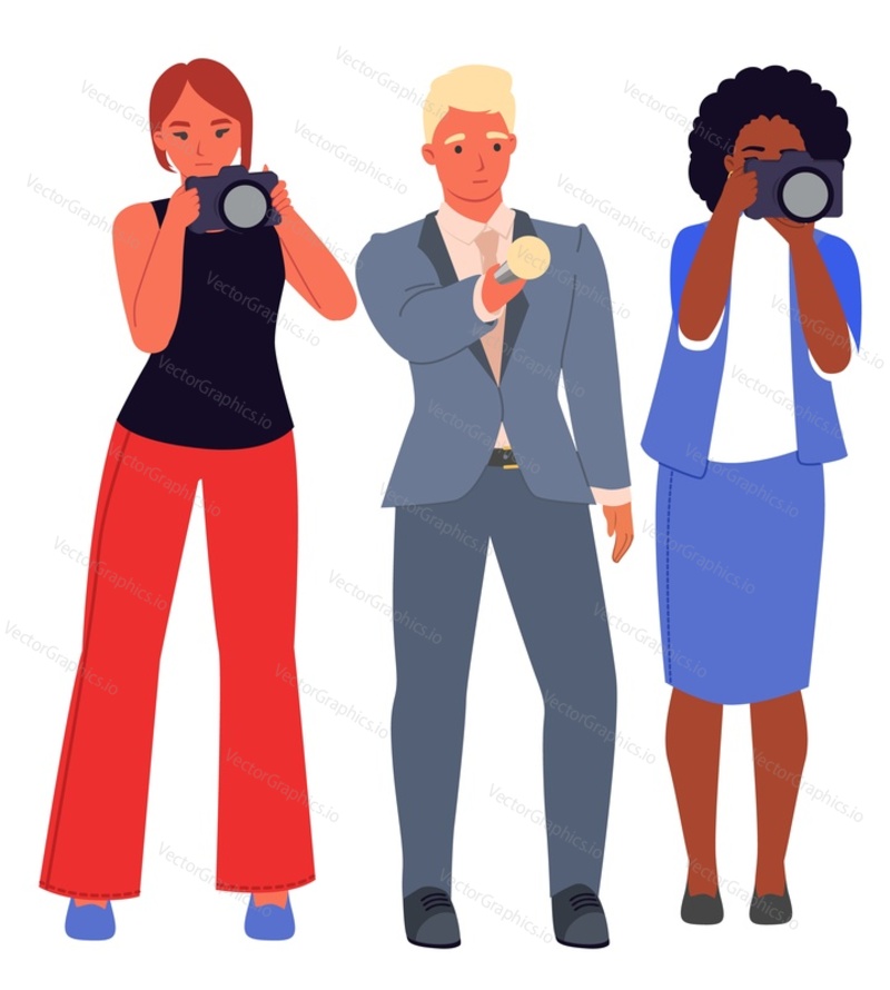 Journalists and photographer team vector illustration. News channels and radio stations workers interviewing standing isolated on white background. Mass media people