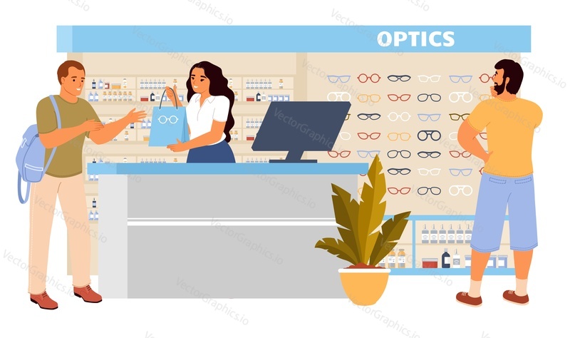 Люди в офтальмологическом магазине векторная иллюстрация. Покупатель-мужчина покупает очки, оплачивает покупки за стойкой. Посетитель-мужчина ждет продавца, которому нужна помощь в выборе оптики