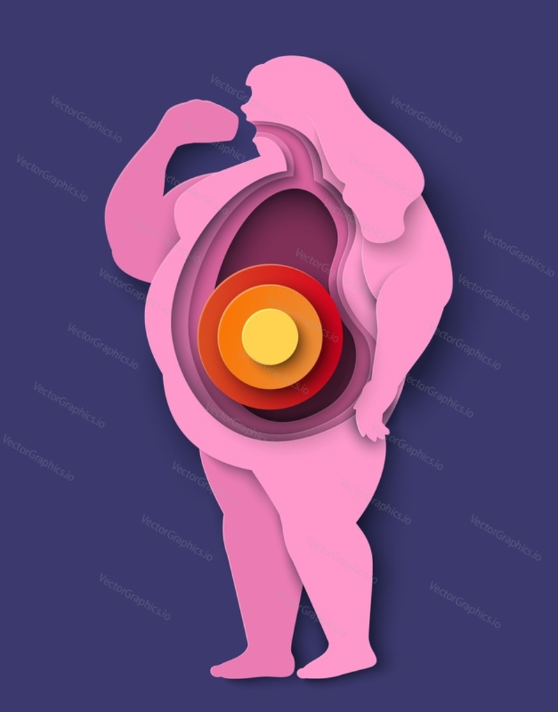 Fat people icon illustration. Vector woman with overweight having stomach problem enjoy junk fast food. Unhealthy lifestyle obesity disease risk, eating disorder concept. Paper cut style