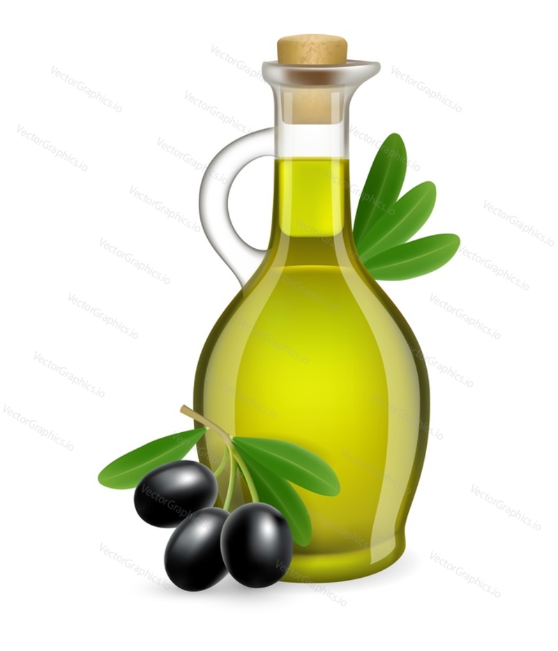 Olive oil glass jug with berries decoration vector illustration. Natural organic product for cooking advertisement design element