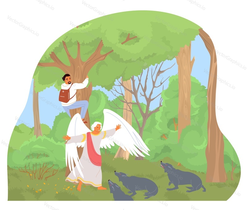 Guardian angel saving man hiker tourist from mad aggressive wild wolves in forest woodland vector illustration. Celestial safeguard protection from accident