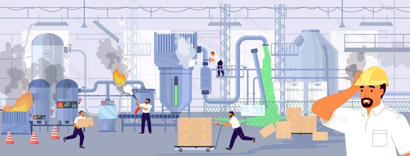 Accident on plant vector illustration with shocked engineer face on foreground. Broken damaged industrial machine in smoke and fire, workers in panic running and screaming