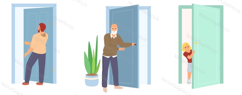 People go in and out door vector scene set. Little girl child, young guy and elderly man inviting guest at home illustration. Characters and doorway concept