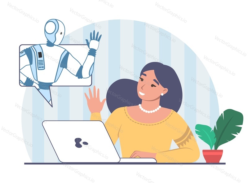 Woman using neural network flat cartoon vector illustration. Futuristic artificial intelligence technology and business concept