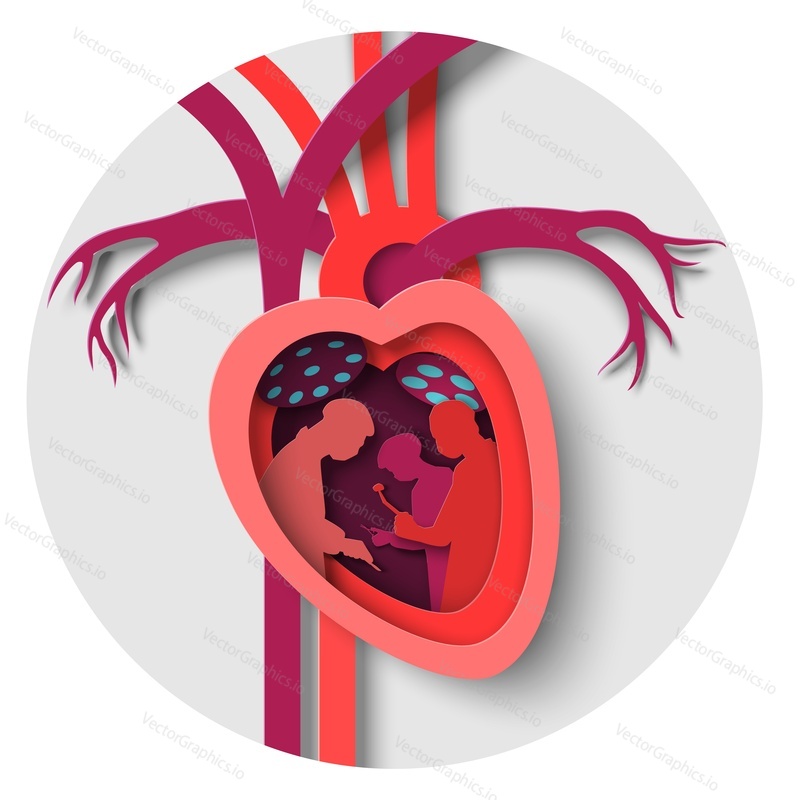 Команда врачей-хирургов, проводящих операцию по пересадке сердца, векторная иконка в стиле вырезки из бумаги. Иллюстрация донорства внутренних органов для спасения жизни. Концепция кардиологии и хирургии