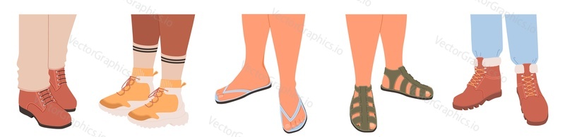 Модные сапоги, сандалии и туфли на ноге в векторе. Иллюстрация различных моделей мужской обуви, выделенных на белом фоне. Бутик модной обуви, концепция модного наряда