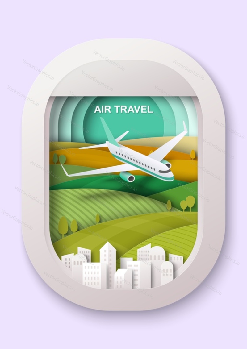 Air travel and tourism vector with view on plane from porthole aircraft windows paper cut craft style illustration. Transport and transportation, business vacation and adventure concept