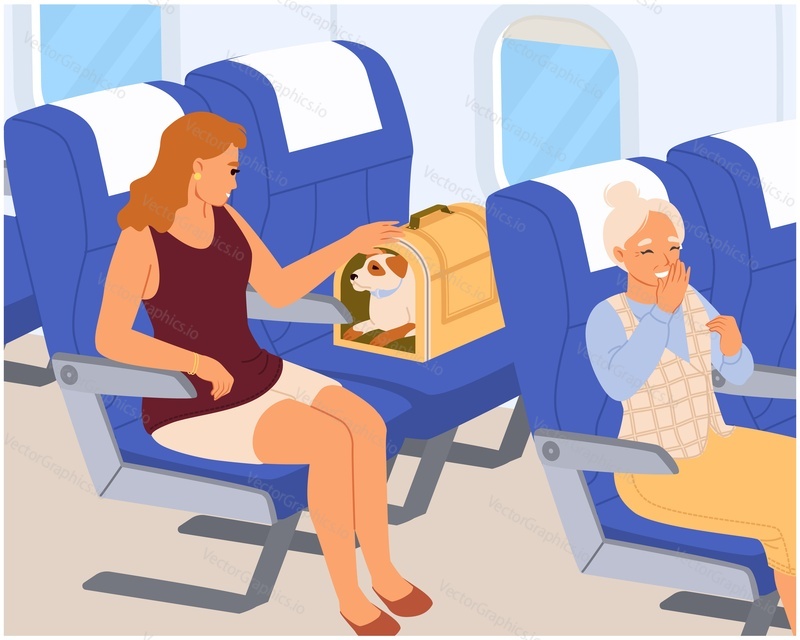 Векторные люди, пассажиры бизнес-класса на иллюстрации самолета. Пожилая женщина и молодая женщина путешествуют с собакой в клетке. Интерьер борта самолета. Внутри самолета