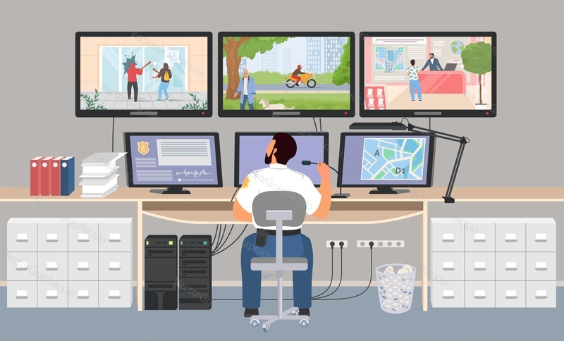 Vector security service police worker sitting control room front of monitors displaying video from surveillance cameras cartoon illustration. CCTV and computer system concept