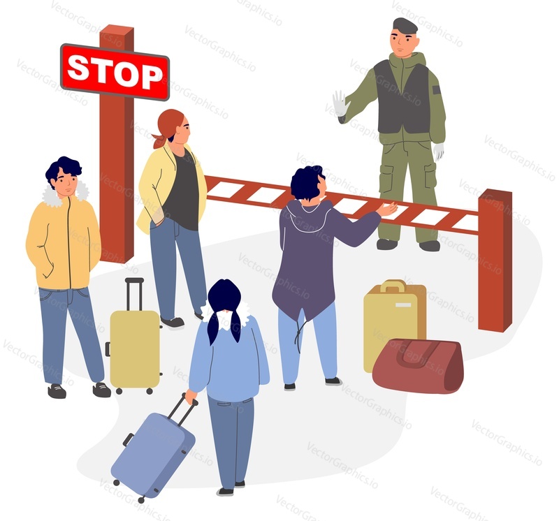Border guard prohibiting crossing road vector illustration. People with luggage bag waiting for opening way. Country official restrictions concept