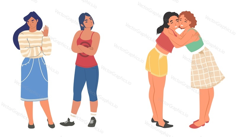 Woman friendship and quarrel vector scene illustration. Young girls friends hugging and having conflict standing isolated on white background. Good and bad relationship, sisterhood and enmity concept