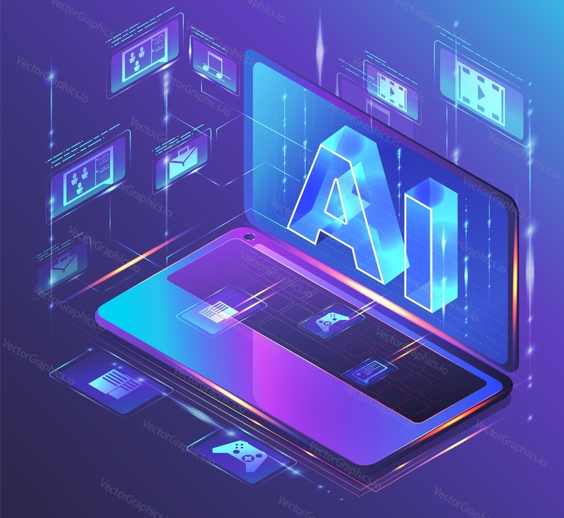 Futuristic AI technology and laptop hologram vector 3d illustration. Artificial intelligence interactive tech interaction, smart machine brain working on creation and communication
