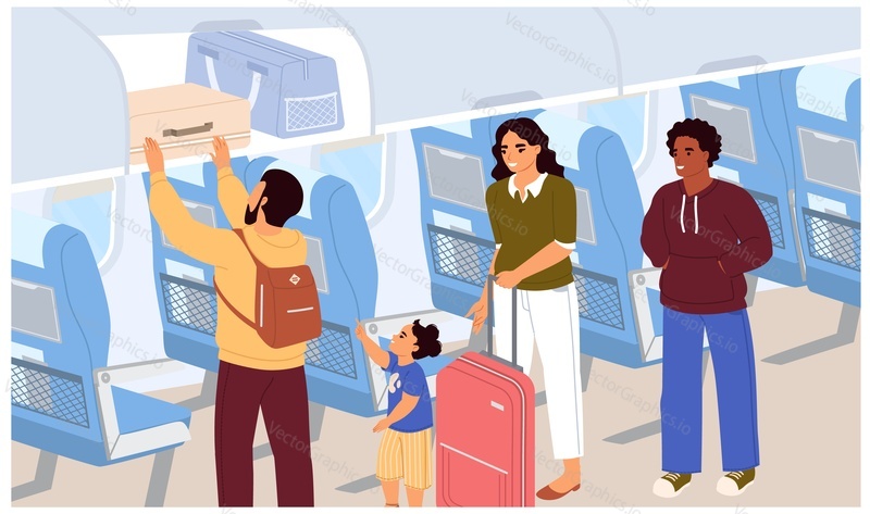 Inside airplane illustration. Vector aircraft passengers placing luggage in baggage compartment over plane board interior. People putting suitcases, backpacks on top storage. Preparation for flight