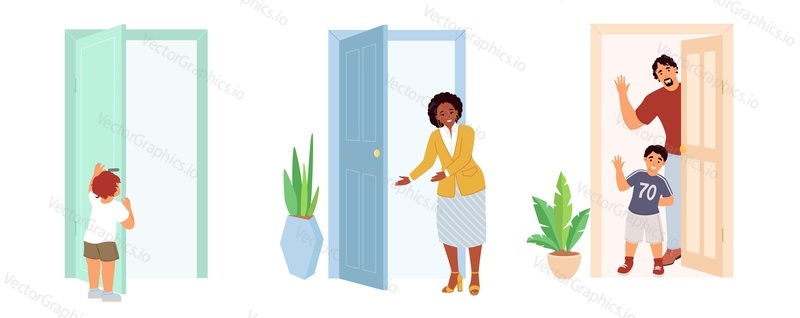 People opening doors of house vector scene set. Little child, woman realtor agent and happy family father with son invites guests illustration. Cartoon characters and exit or entrance doorway