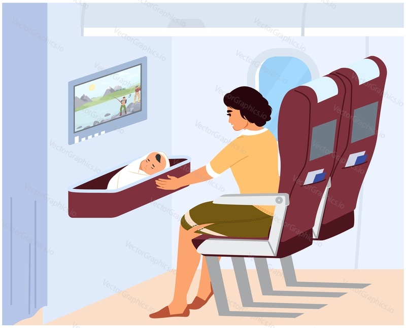 Woman aircraft passenger with newborn baby vector illustration. Airplane seat for mother with children. Travel with children concept. Inside plane