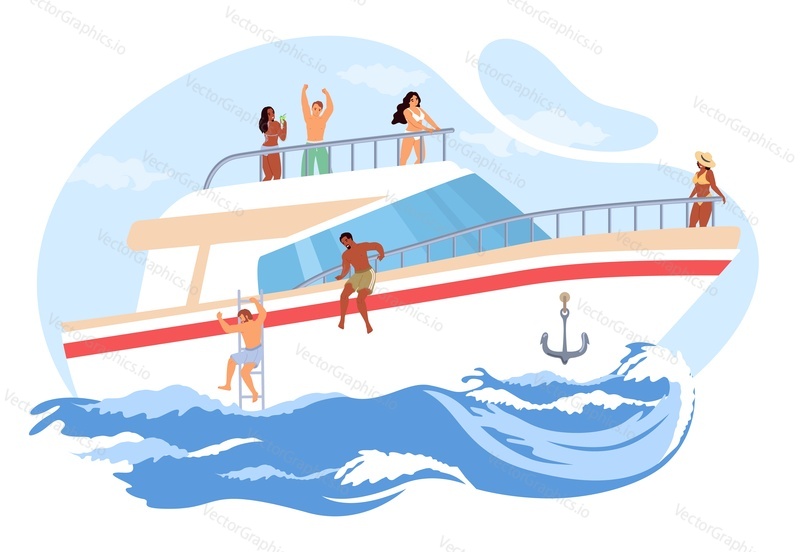 Happy young people enjoying rest on yacht vessel vector illustration. Group of friends tourist characters having fun and chilling together during marine cruise. Sea activities, relaxation on vacation