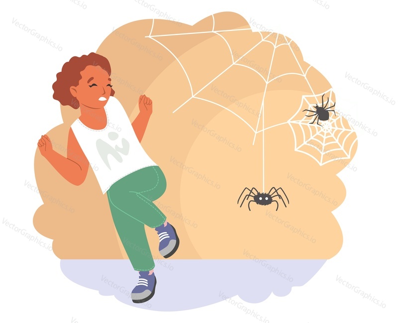 Вектор детских страхов. Иллюстрация маленькой девочки, кричащей от страха перед пауками. Ребенок, страдающий арахнофобией. Испуганные дети