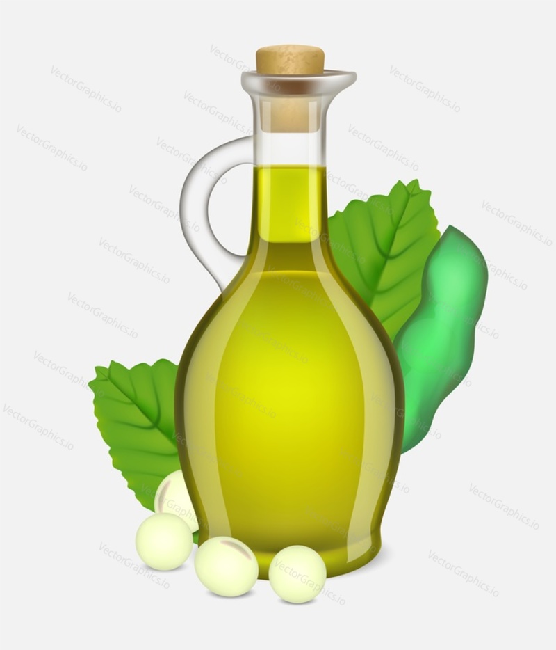 Closed olive oil glass jug with green berries and leaves decoration vector illustration. Natural organic healthy food product for cooking advertisement design element
