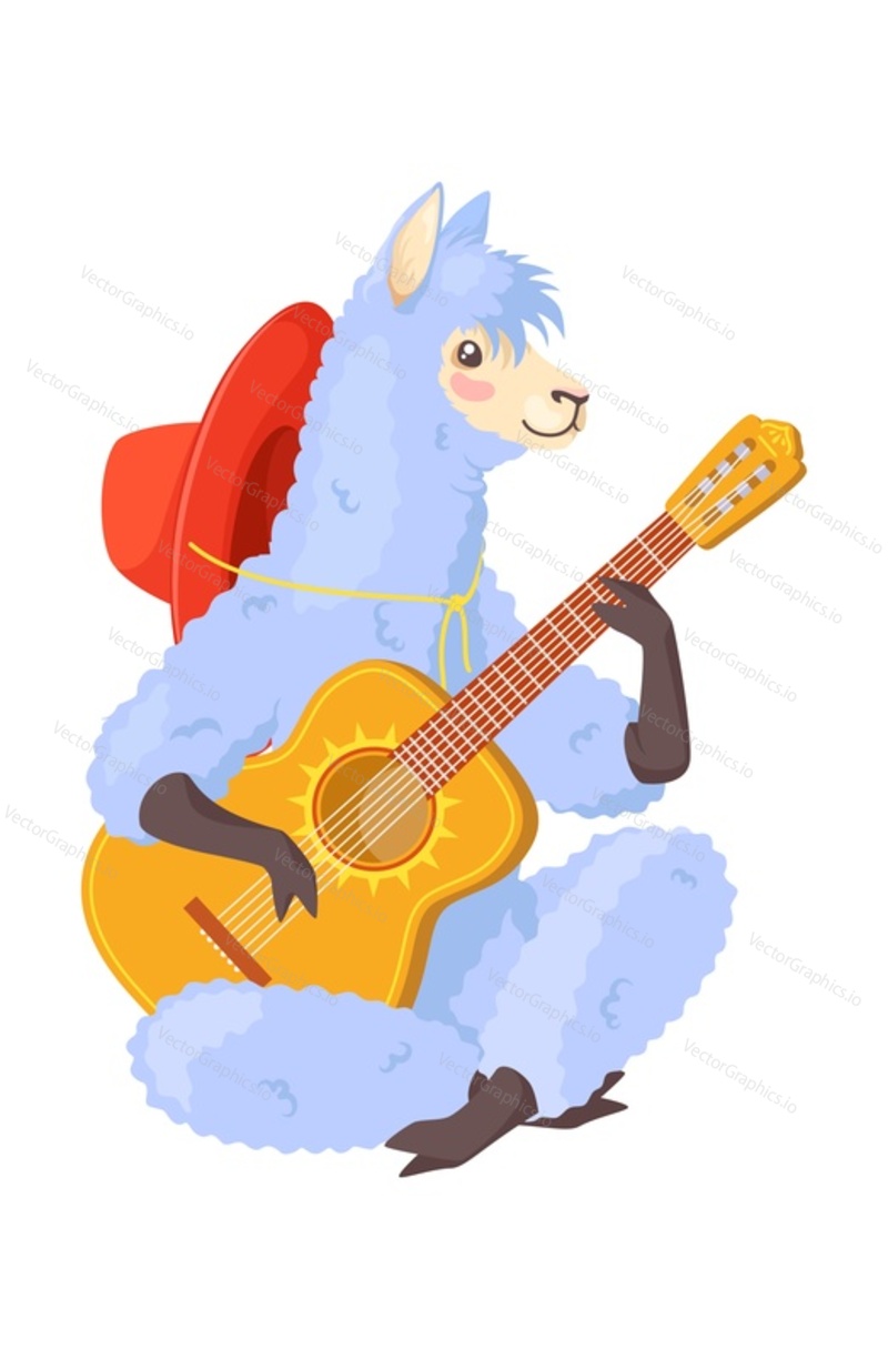 Lamas alpacas wearing mexican hat playing guitar musical instrument flat cartoon vector illustration isolated on white background. Cute llama character emoticon