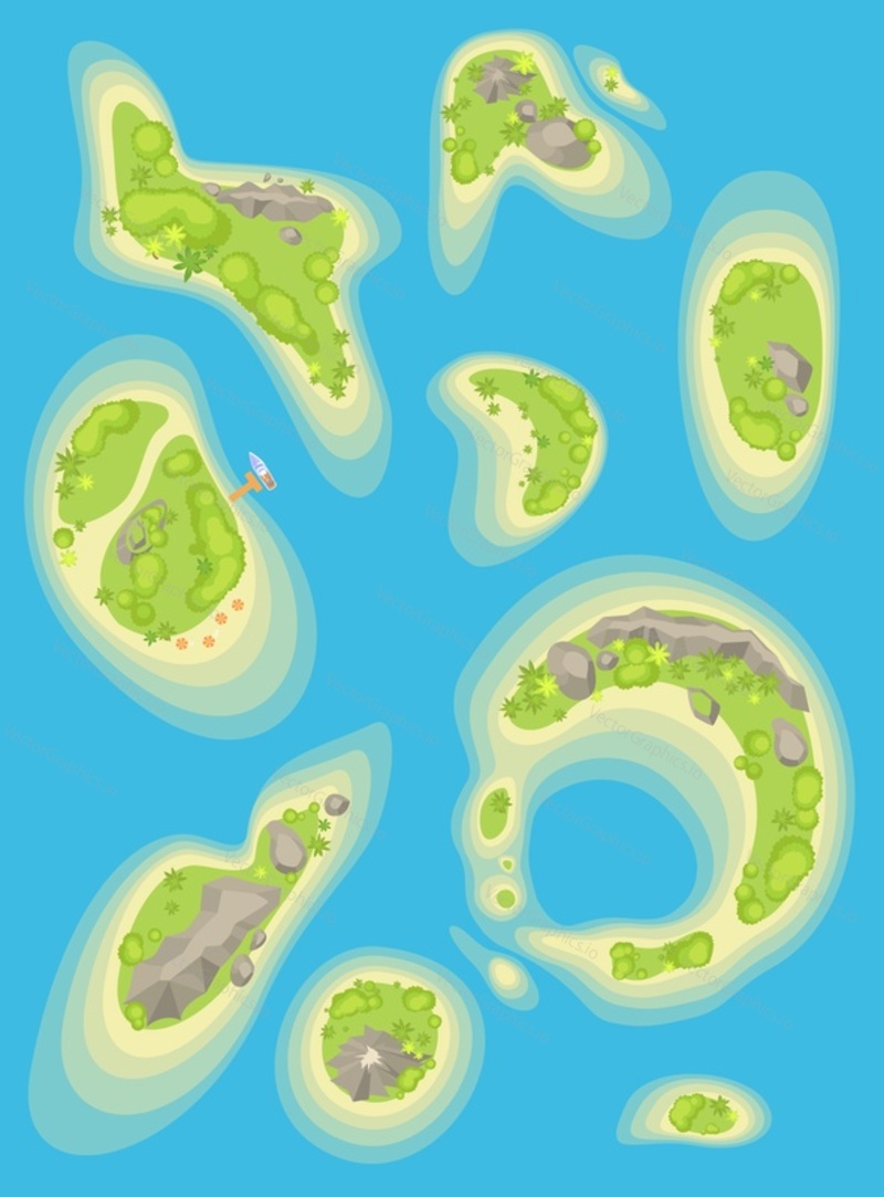Aerial eye view on different tropical islands of various shape and form in water surface of ocean vector illustration. Exotic beach seaside for vacation, touristic place of destination