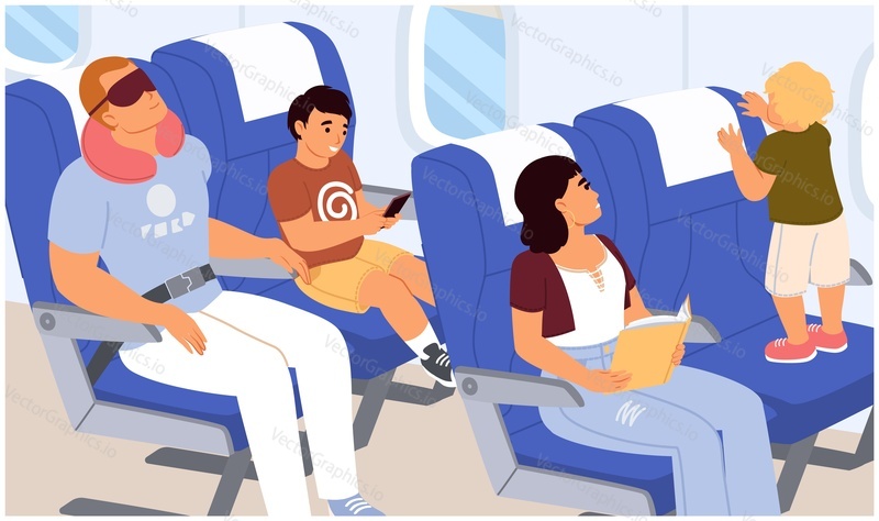 Vector flight passengers with children in plane illustration. People with kids traveling in aircraft economy class. Plane interior with sleeping man, reading woman and playing infant toddler