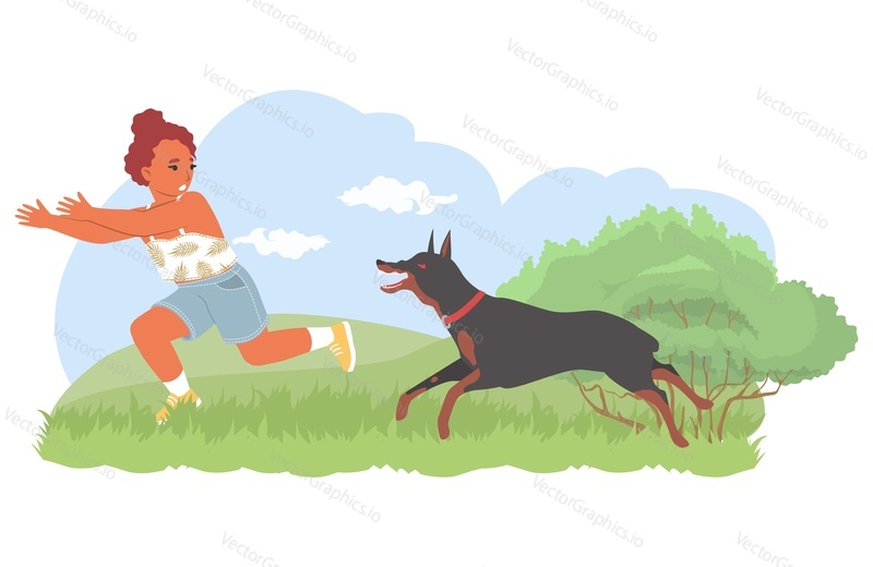 Cute little girl child scared of dog cartoon vector illustration. Afraid kid screaming and running away from angry bad pet. Dangerous situation and frightened children
