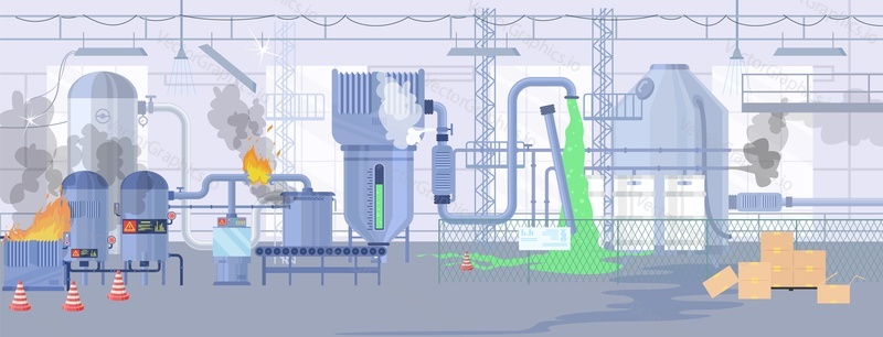 Accident on plant and manufacturing industry problem vector illustration. Burning industrial machines, exploding steel tanks, leaking chemicals and dangerous gases