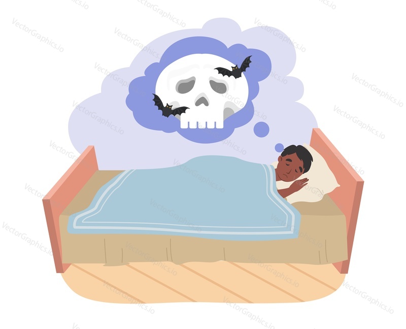 Child fears vector. Little boy sleeping and having nightmare while lying on bed under blanket illustration. Bad night dreams, phobia and kids imagination