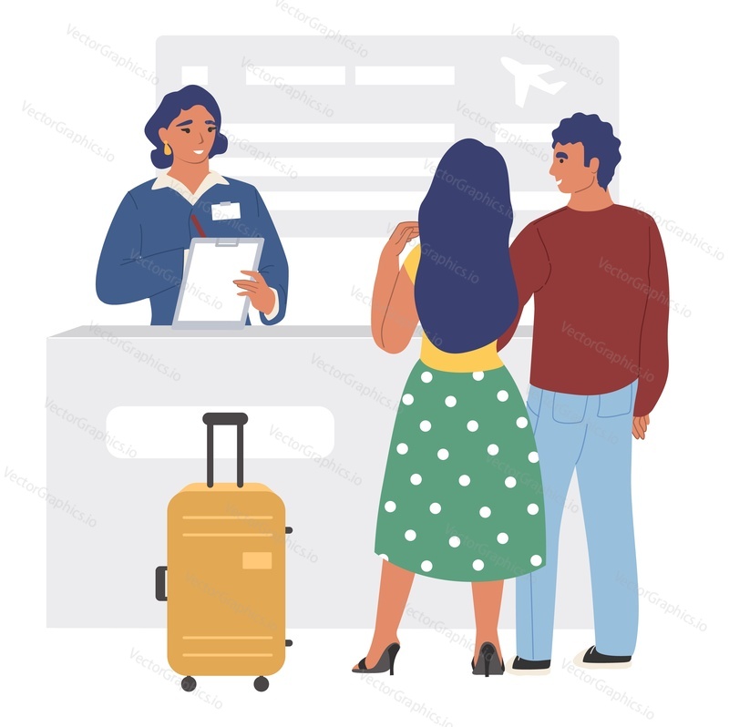 Vector man and woman family couple at passport control or check-in desk in airport. Pair of tourists with luggage at aircraft terminal going on summer vacation or journey cartoon illustration