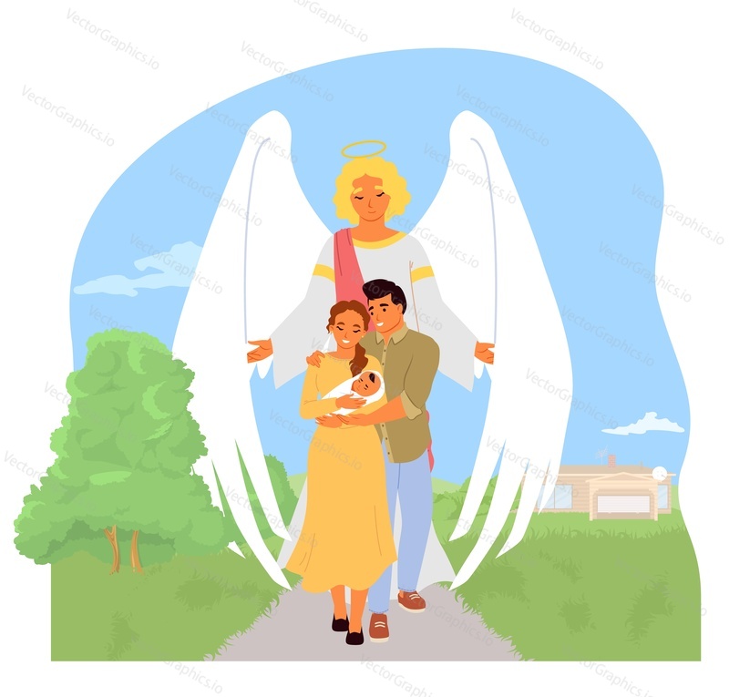 Angel keeper protecting covering with wings young family with newborn baby walking among countryside pathway vector illustration. Support and assistance for heavenly powers
