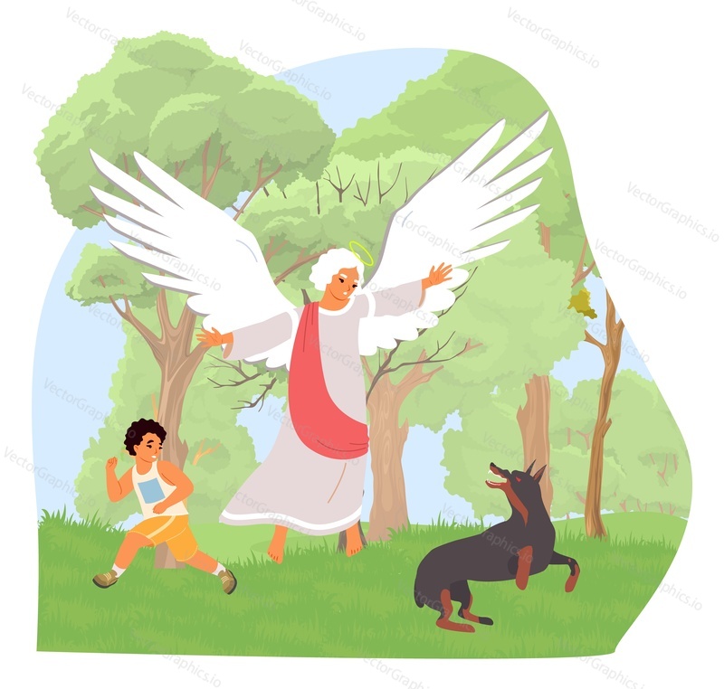Angel keeper defending little boy child character from mad dog attack in urban city park vector illustration. Invisible celestial safeguard for children