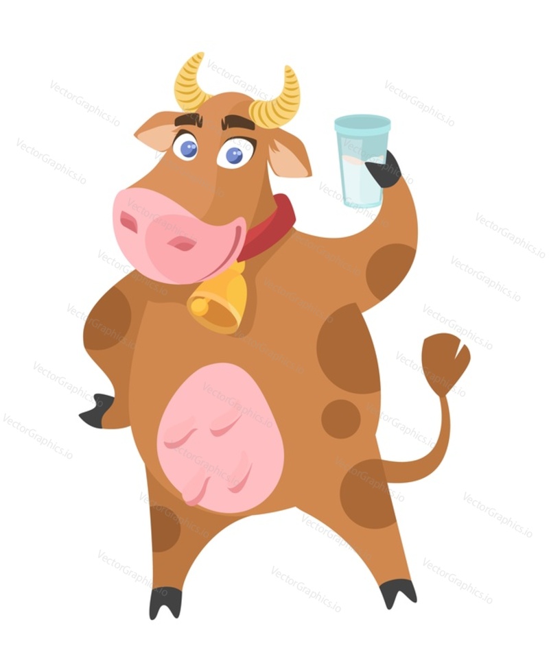 Забавный улыбающийся талисман коровы, держащий стакан свежего молока, плоская мультяшная векторная иллюстрация. Милый очаровательный значок персонажа фермерского животного, изолированный на белом фоне