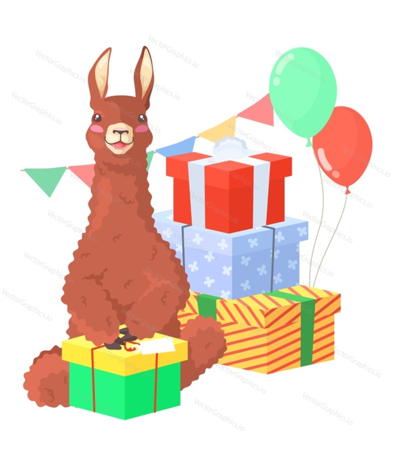 Симпатичная плоская векторная иконка празднования дня рождения животного ламы альпаки. Забавный персонаж ламы сидит возле подарочных коробок и улыбается мультяшной иллюстрации, изолированной на белом фоне