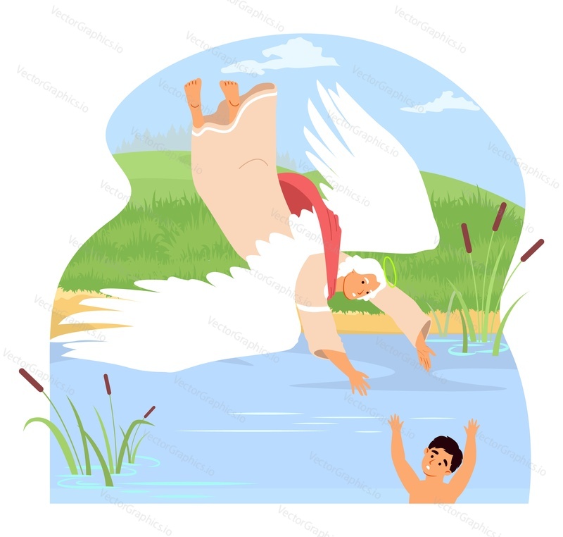 Guardian angel saving child drowning in lake or river vector illustration. Religious protector defending kid from accidents in wild water