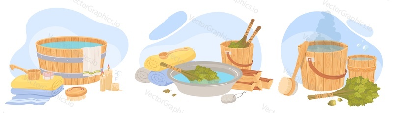 Sauna or banya tools and equipment composition isolated set. Wooden tub with hot water, ladle or spoon, folded stack of towels, oak brooms and brush, burning candles vector illustration