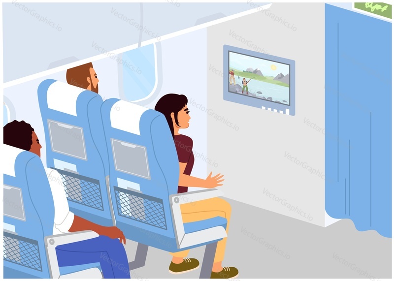 Vector people passengers watching movie on tv screen during flight illustration. In-flight entertainment concept. Inside plane, cabin of business or economy class